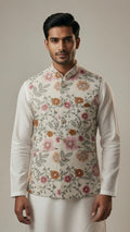 Sabhyashree Men Ivory Silk Floral Embroidered Nehru Jacket