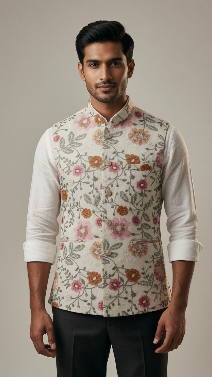 Sabhyashree Men Ivory Silk Floral Embroidered Nehru Jacket