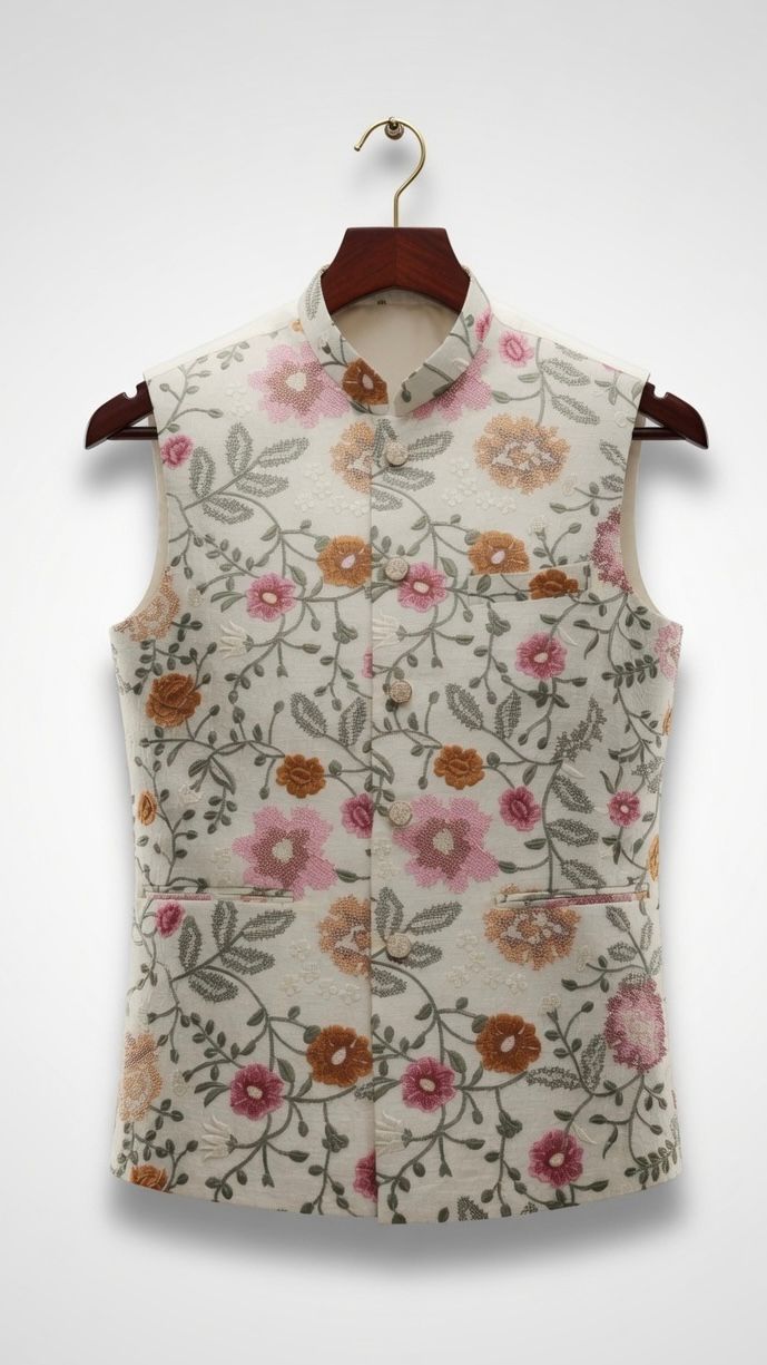 Sabhyashree Men Ivory Silk Floral Embroidered Nehru Jacket