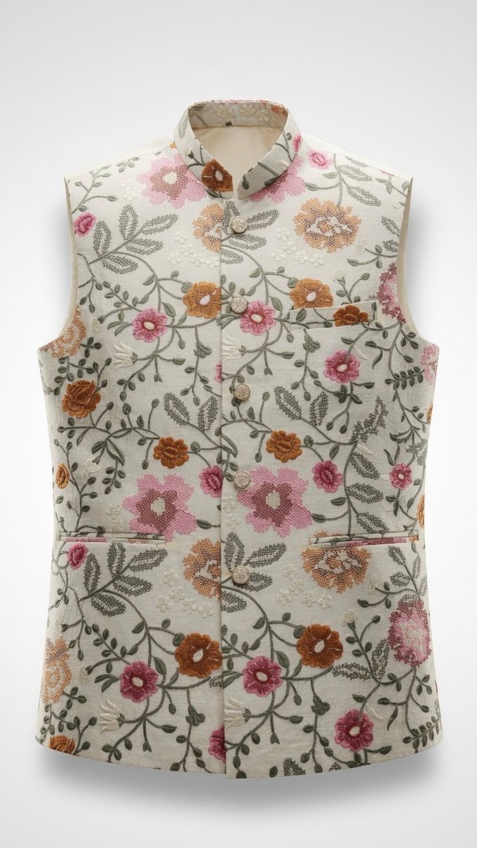Sabhyashree Men Ivory Silk Floral Embroidered Nehru Jacket