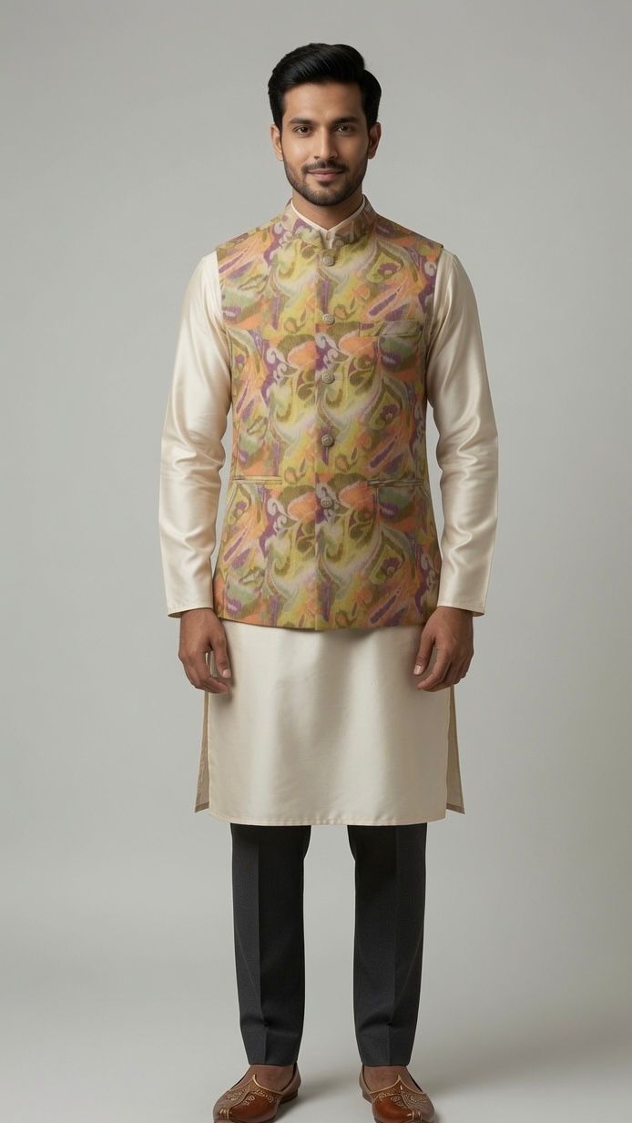 Sabhyashree Men Multicolor Abstract Print Linen Nehru Jacket