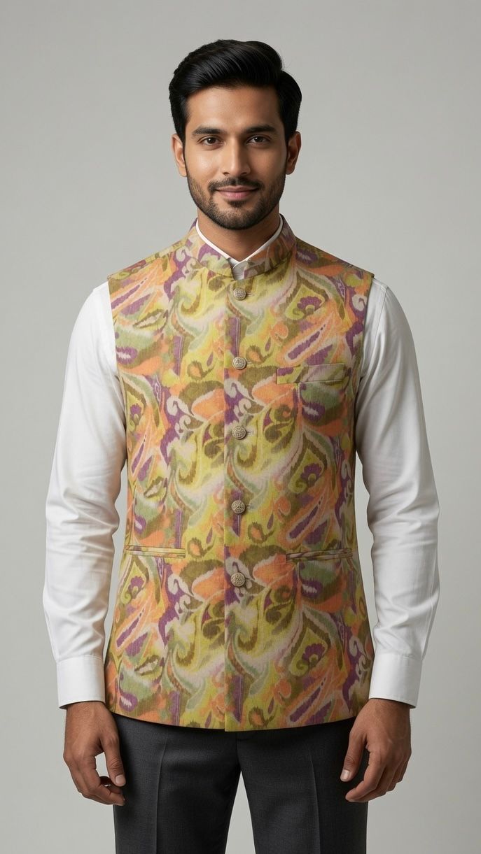 Sabhyashree Men Multicolor Abstract Print Linen Nehru Jacket
