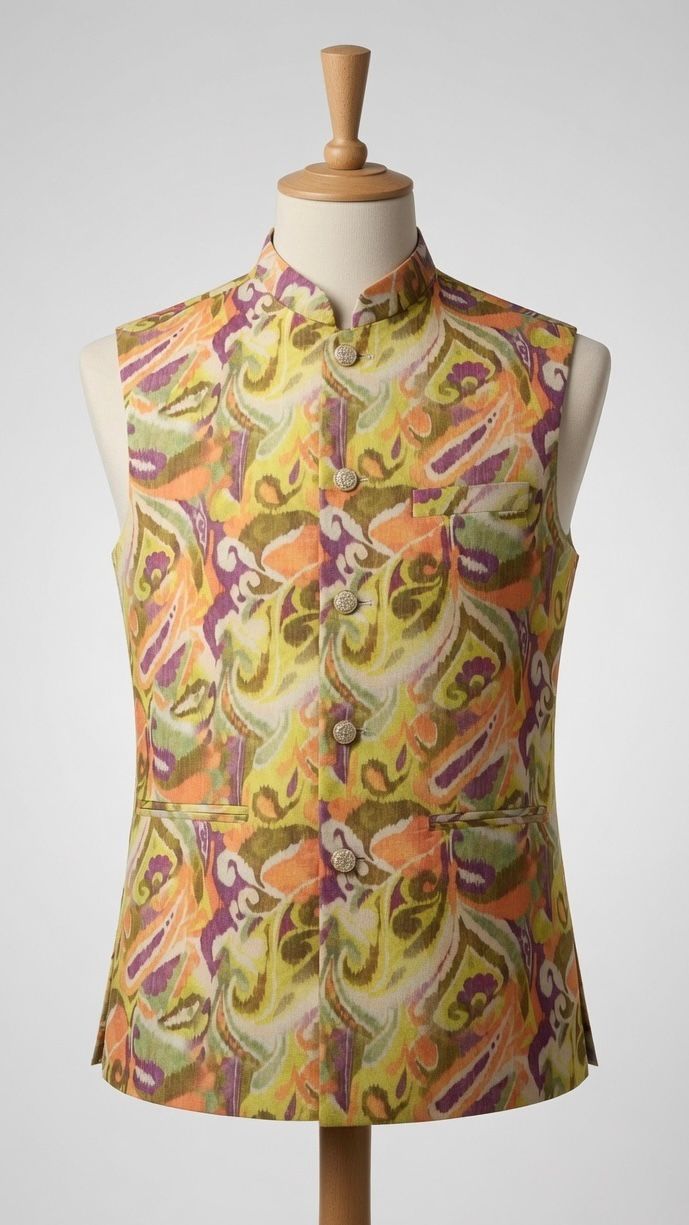 Sabhyashree Men Multicolor Abstract Print Linen Nehru Jacket