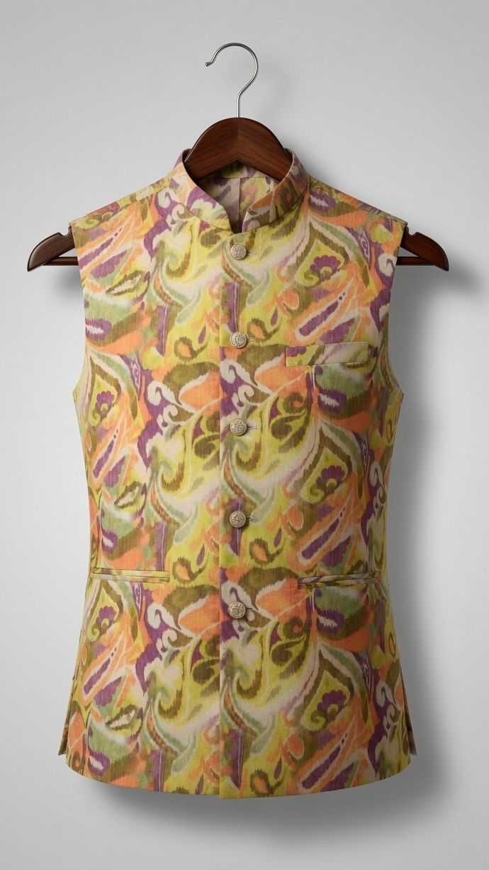 Sabhyashree Men Multicolor Abstract Print Linen Nehru Jacket