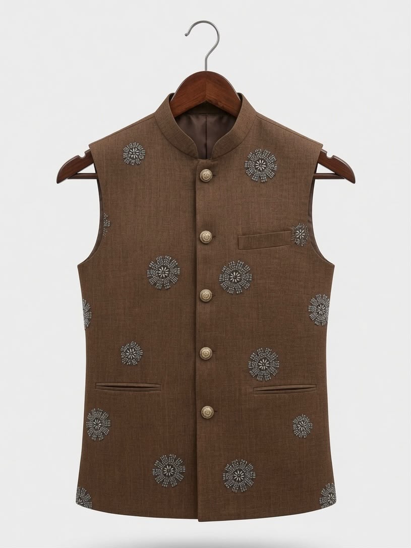 Sabhyashree Men Brown Linen Beadwork Motif Nehru Jacket