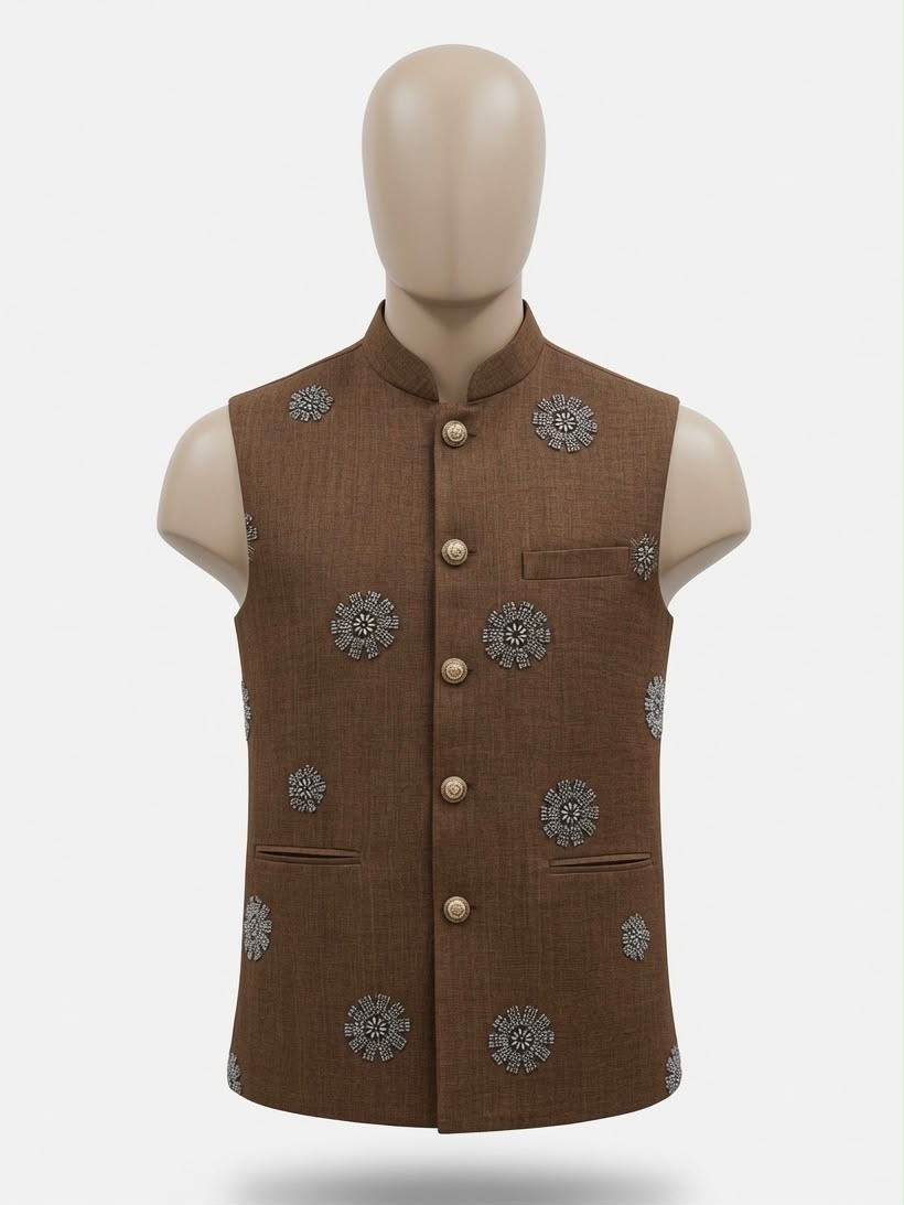 Sabhyashree Men Brown Linen Beadwork Motif Nehru Jacket