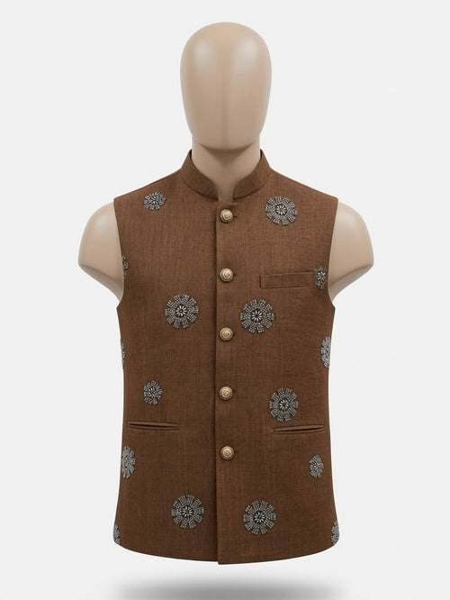 Sabhyashree Men Brown Linen Beadwork Motif Nehru Jacket