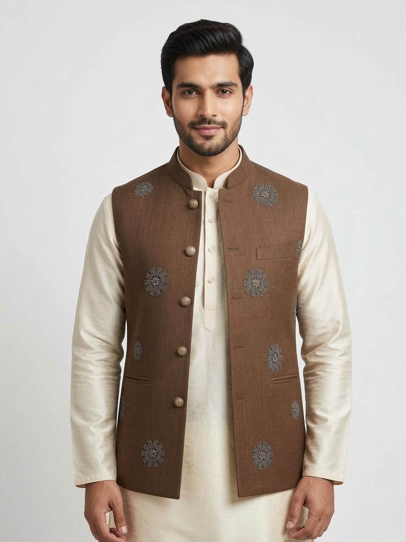 Sabhyashree Men Brown Linen Beadwork Motif Nehru Jacket