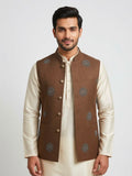 Sabhyashree Men Brown Linen Beadwork Motif Nehru Jacket