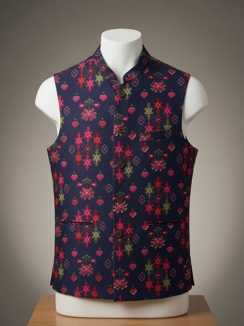 Sabhyashree Men Navy Blue Printed Nehru Jacket