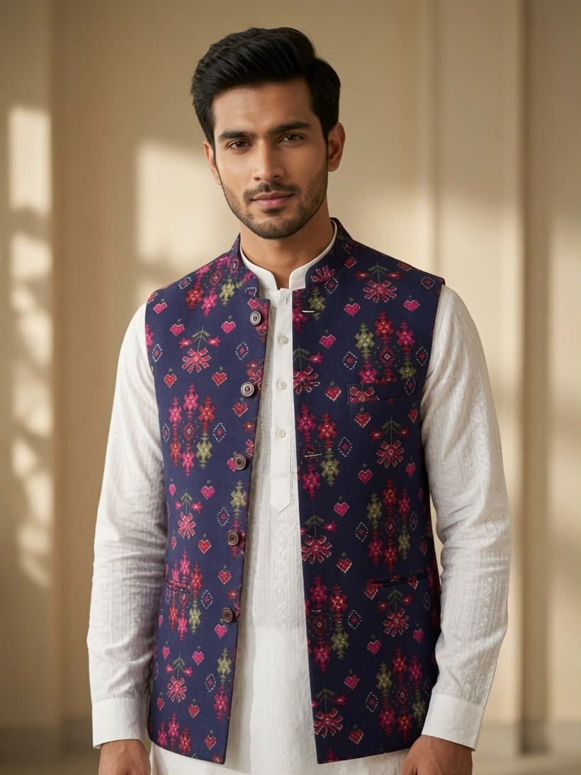 Sabhyashree Men Navy Blue Printed Nehru Jacket