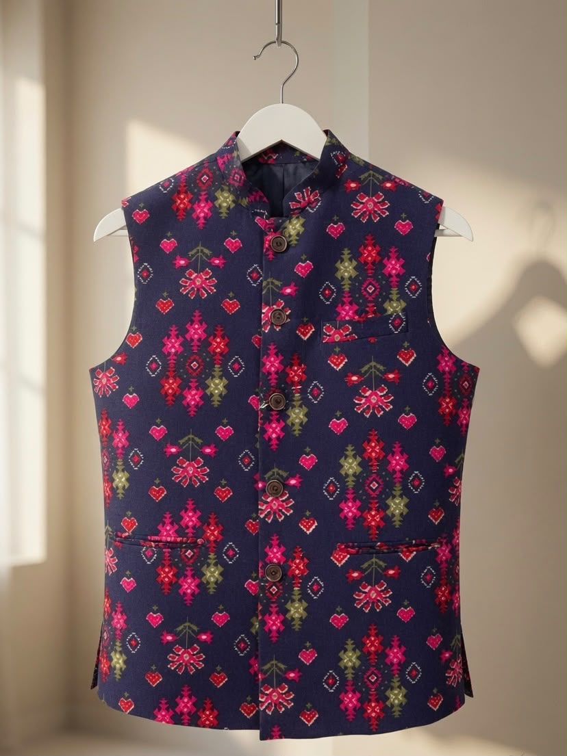Sabhyashree Men Navy Blue Printed Nehru Jacket