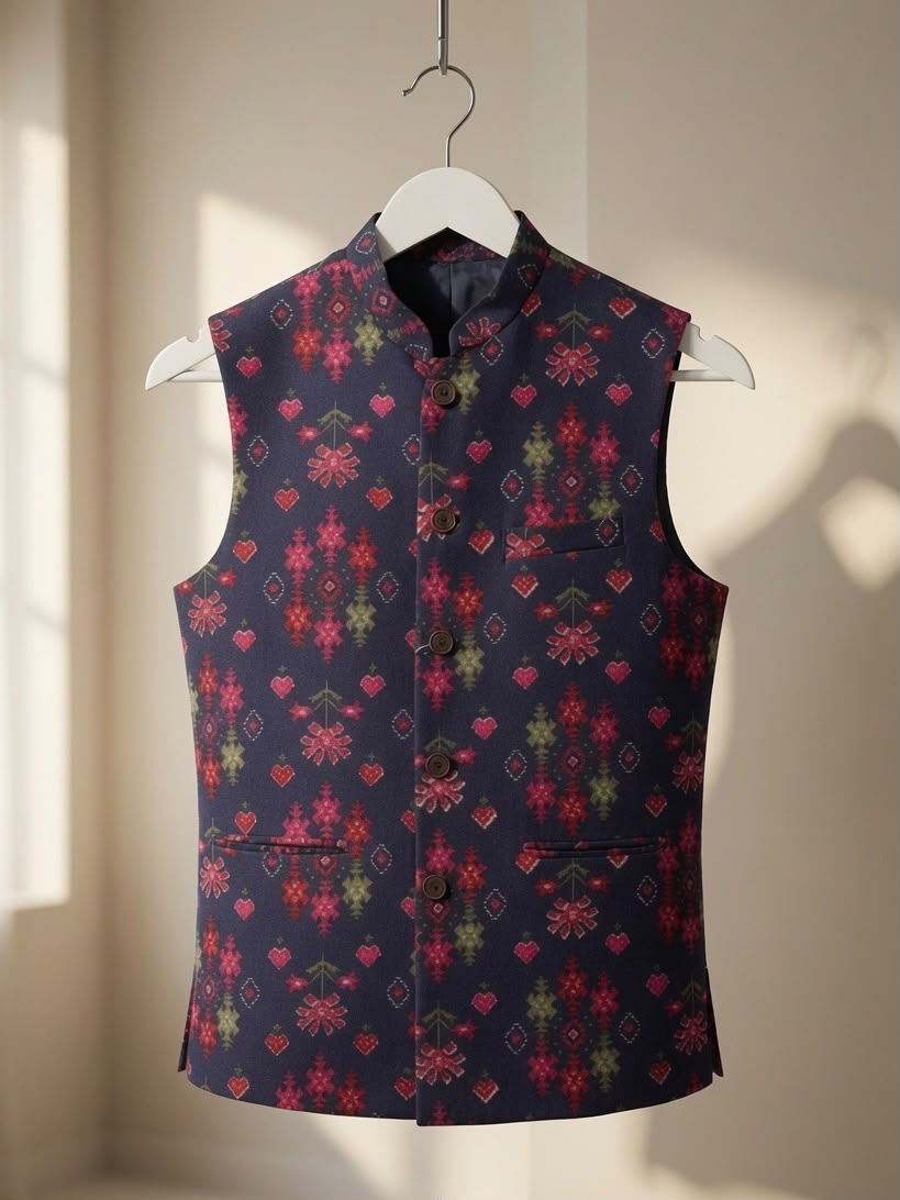Sabhyashree Men Navy Blue Printed Nehru Jacket