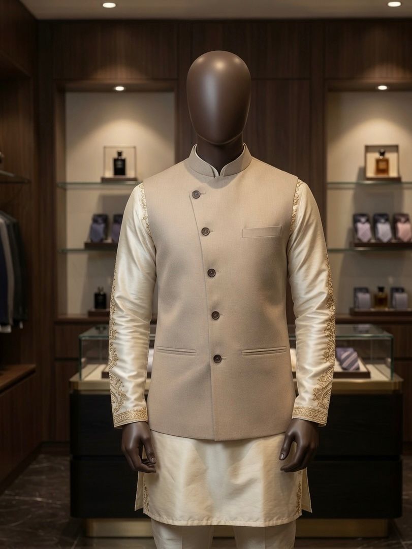 Sabhyashree Men Beige Asymmetric Solid Linen Bandi Nehru Jacket
