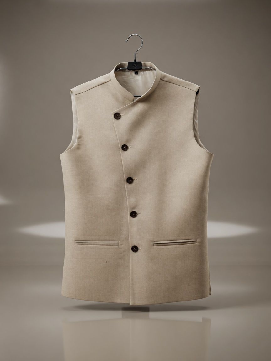 Sabhyashree Men Beige Asymmetric Solid Linen Bandi Nehru Jacket
