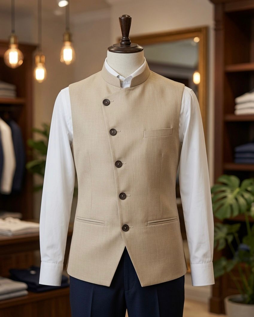 Sabhyashree Men Beige Asymmetric Solid Linen Bandi Nehru Jacket