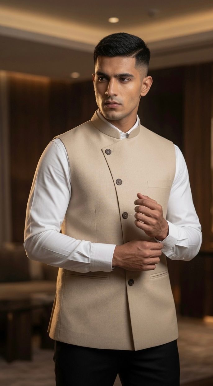 Sabhyashree Men Beige Asymmetric Solid Linen Bandi Nehru Jacket