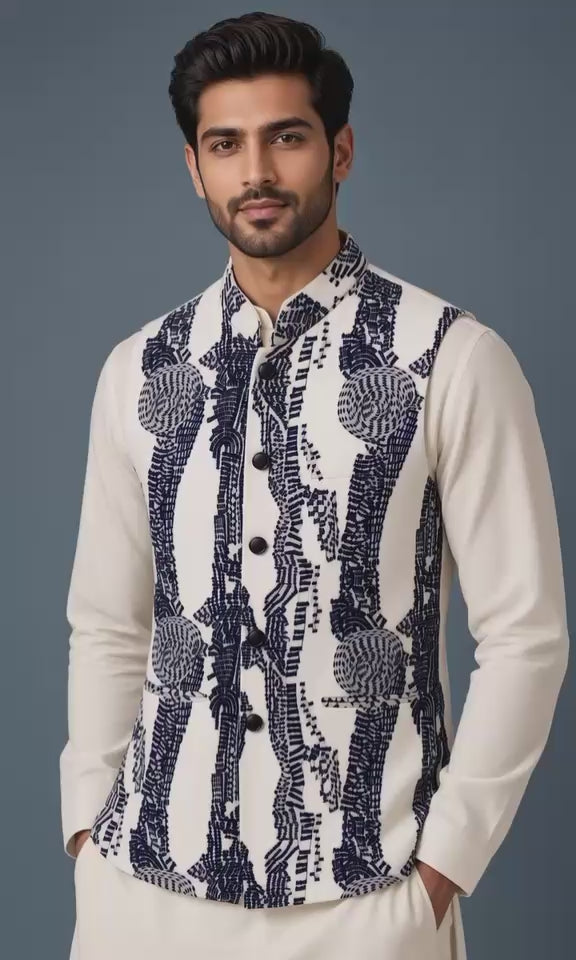 Sabhyashree Men Off-White & Black Silk Nehru Jacket with Abstract Embroidered Pattern SS-BD-1002