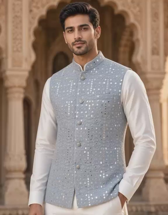 Sabhyashree Men's Powder Blue Silk Mirror Work Bandi Jacket SS-BD-1018