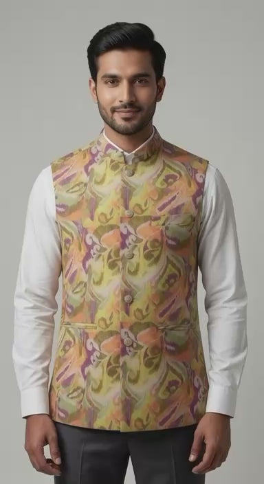 Sabhyashree Men Multicolor Abstract Print Linen Nehru Jacket