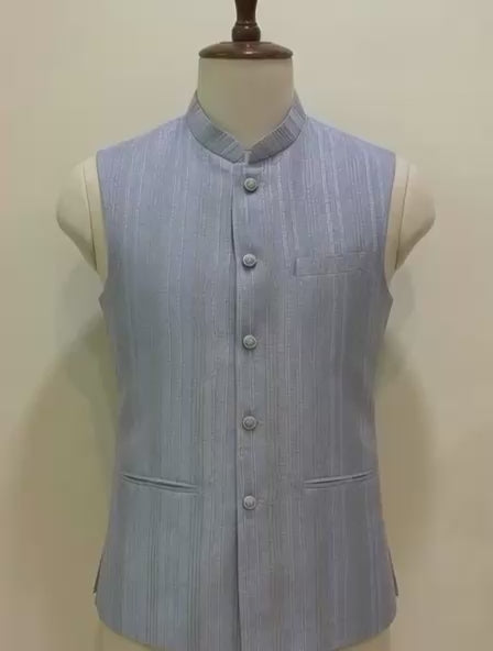 Sabhyashree Men Powder Blue Silk Embroidered Nehru Jacket