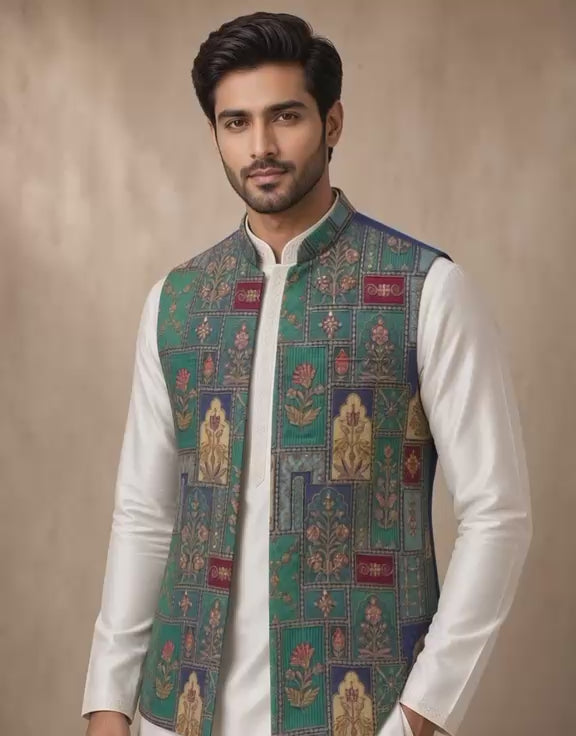 Sabhyashree Men's Teal Green Mughal Floral Printed Silk Bandi Jacket SS-BD-1021