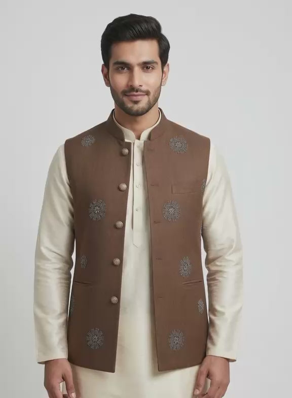 Sabhyashree Men Brown Linen Beadwork Motif Nehru Jacket