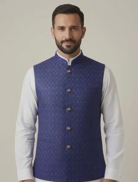 Sabhyashree Men Royal Blue Ikat Silk Nehru Jacket