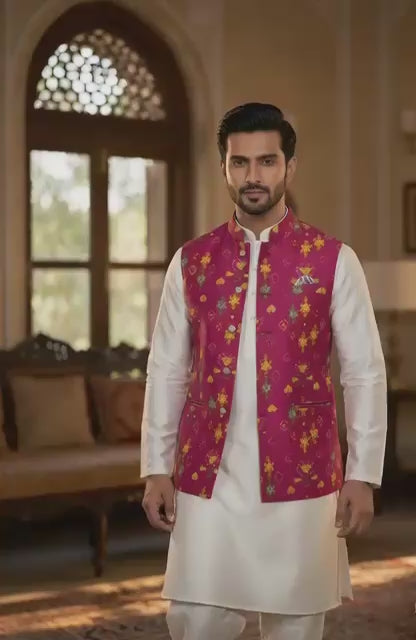 Sabhyashree Men Magenta Pink Silk Printed Nehru Jacket