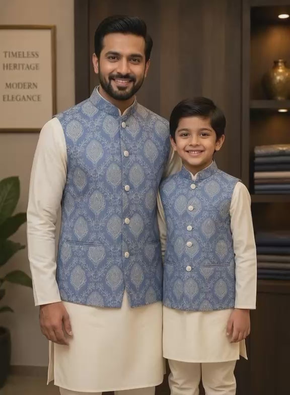 Sabhyashree Powder Blue Silk Nehru Jacket with Woven Motif Embroidery