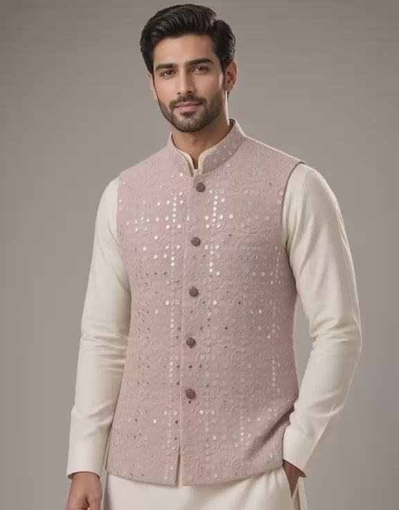 Sabhyashree Men's Peach Silk Mirror Work Bandi Jacket SS-BD-1019
