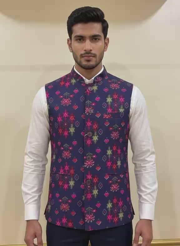 Sabhyashree Men Navy Blue Printed Nehru Jacket