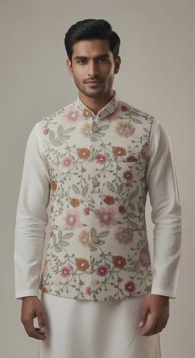 Sabhyashree Men Ivory Silk Floral Embroidered Nehru Jacket
