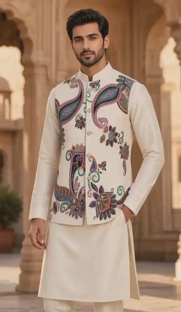 Sabhyashree Men's Cream Silk Multicolour Kalamkari Paisley Bandi Jacket SS-BD-1024