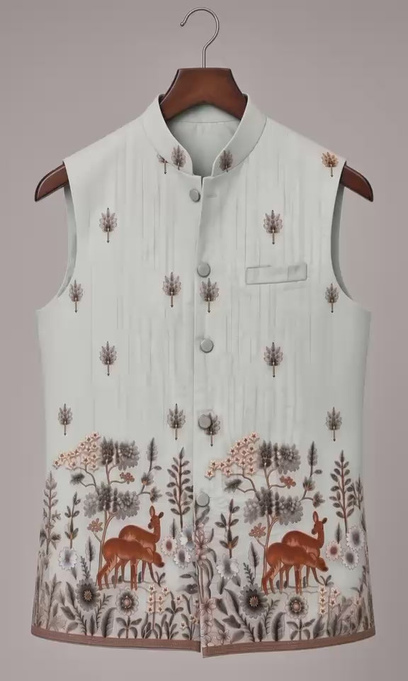Sabhyashree Men Mint Green Silk Nehru Jacket with Kalamkari Deer & Floral Motif Detailing SS-BD-1017