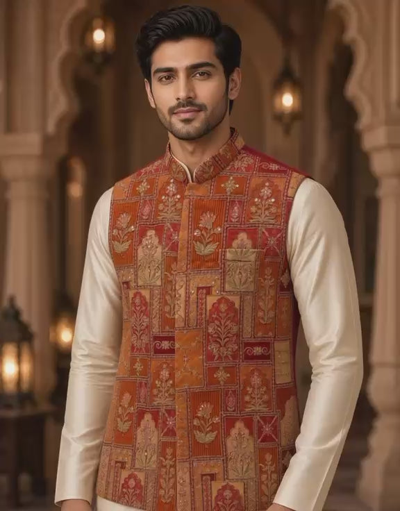 Sabhyashree Men's Rust Orange Mughal Floral Printed Silk Bandi Jacket SS-BD-1020