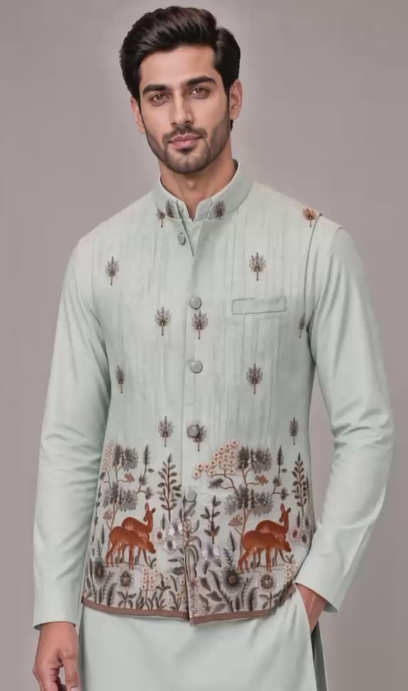 Sabhyashree Men Mint Green Silk Nehru Jacket with Kalamkari Deer & Floral Motif Detailing SS-BD-1017