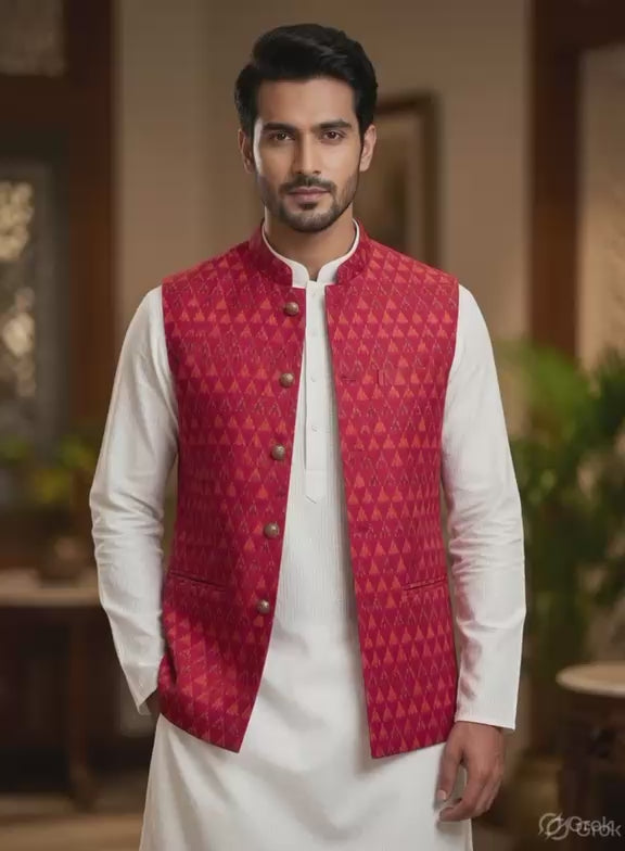 Sabhyashree Men Crimson Red Ikat Silk Nehru Jacket
