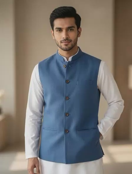 Sabhyashree Men Blue Solid Linen Bandi Nehru Jacket