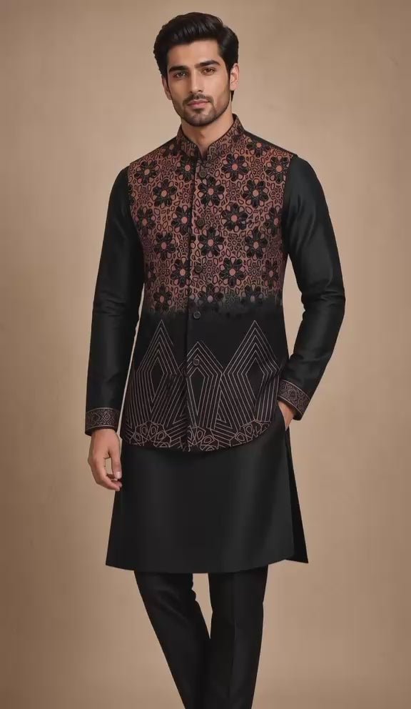 Sabhyashree Men Black & Rust Silk Nehru Jacket with Dual-Tone Floral & Geometric Embroidery SS-BD-1001