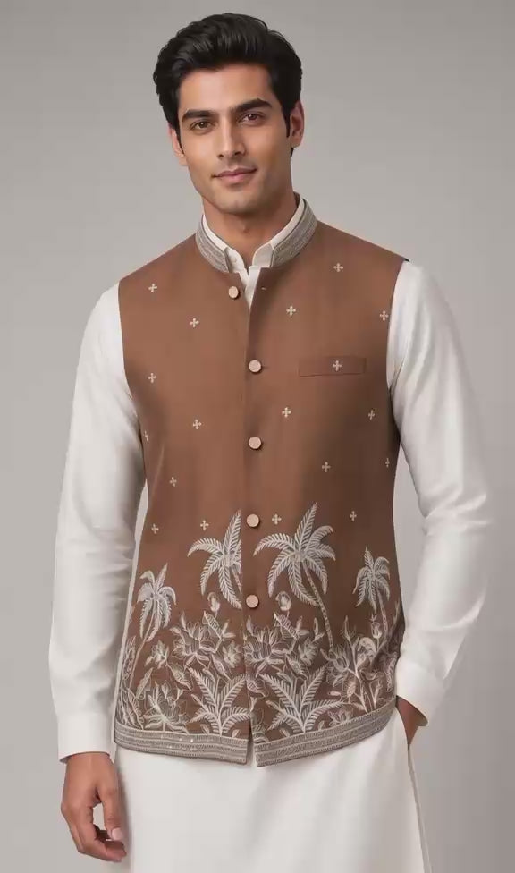 Sabhyashree Men's Coffee Brown Silk Palm Tree Embroidered Bandi Jacket SS-BD-1022