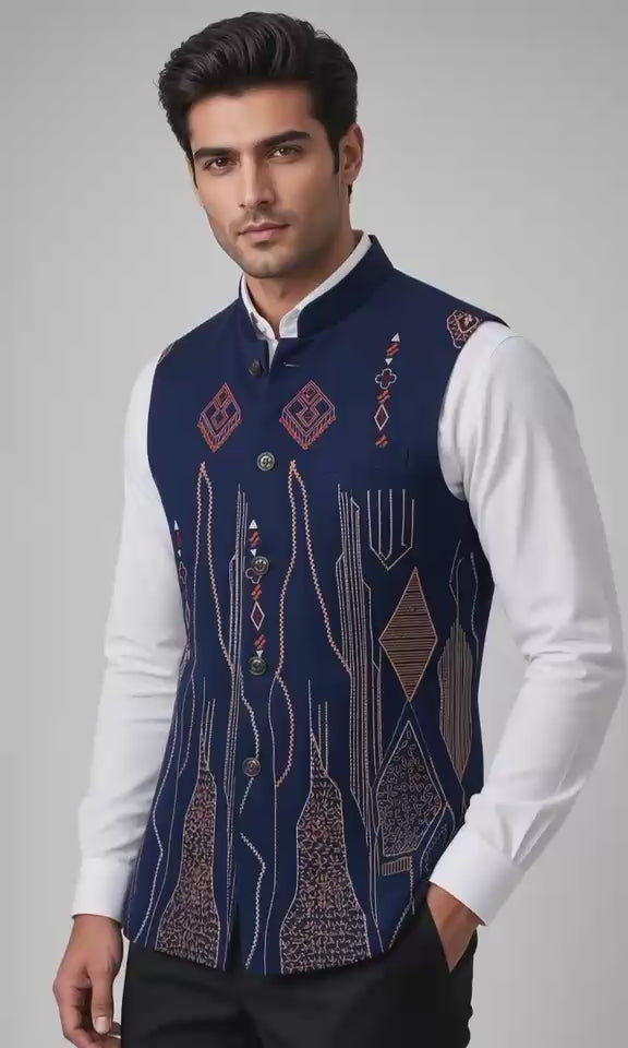 Sabhyashree Men's Navy Blue Silk Geometric & Tribal Embroidered Bandi Jacket SS-BD-1023