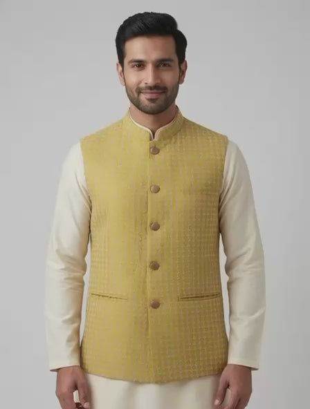 Sabhyashree Men Yellow Silk Embroidered Nehru Jacket