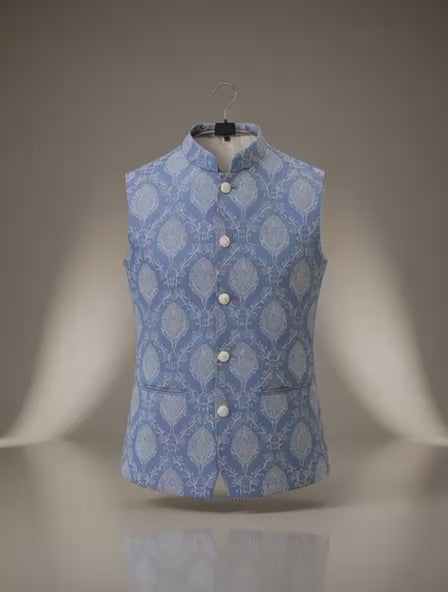 Sabhyashree Powder Blue Silk Nehru Jacket with Woven Motif Embroidery