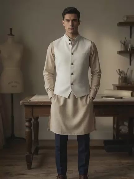Sabhyashree Men Off-White Solid Linen Bandi Nehru Jacket