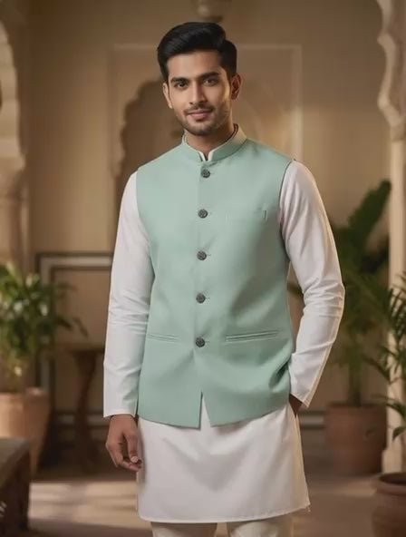 Sabhyashree Men Mint Green Solid Linen Bandi Nehru Jacket